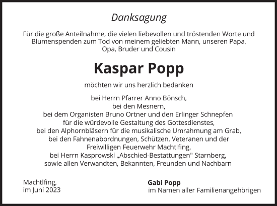 Traueranzeige von Kaspar Popp von merkurtz