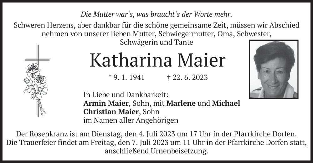  Traueranzeige für Katharina Maier vom 01.07.2023 aus merkurtz