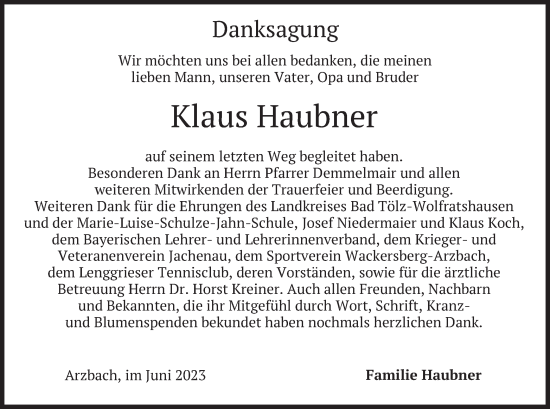 Traueranzeige von Klaus Haubner von merkurtz