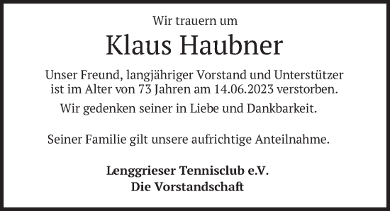 Traueranzeige von Klaus Haubner von merkurtz