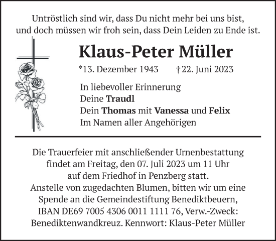 Traueranzeige von Klaus-Peter Müller von Das Gelbe Blatt Penzberg