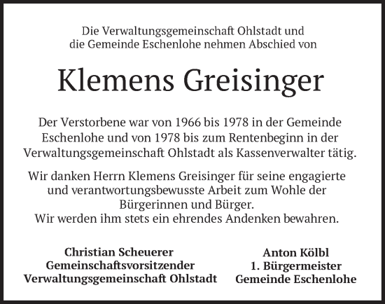 Traueranzeige von Klemens Greisinger von merkurtz