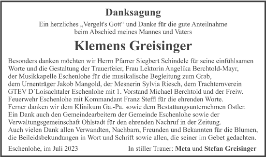 Traueranzeige von Klemens Greisinger von merkurtz