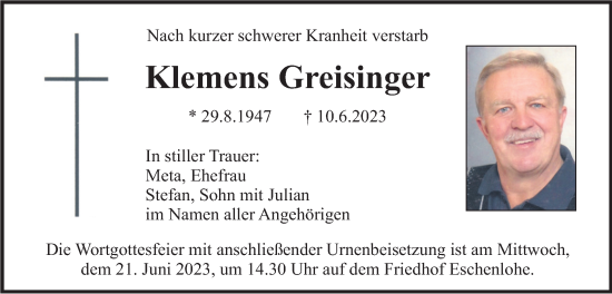 Traueranzeige von Klemens Greisinger von merkurtz