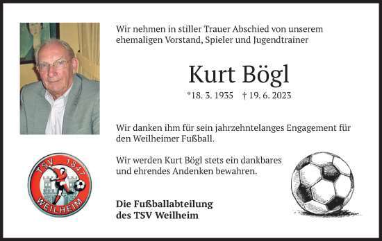 Traueranzeige von Kurt Bögl von merkurtz