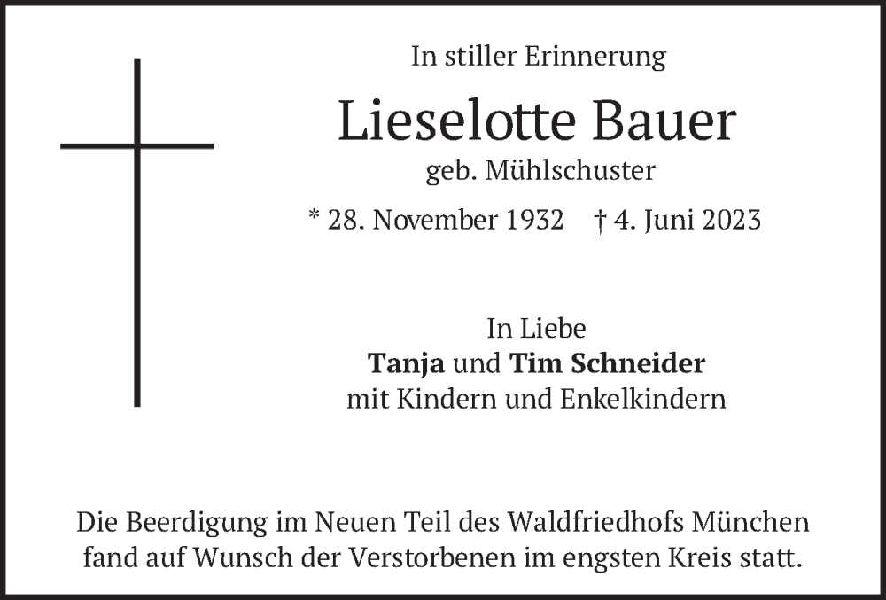  Traueranzeige für Lieselotte Bauer vom 10.06.2023 aus merkurtz