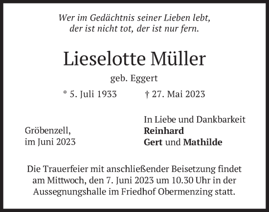 Traueranzeige von Lieselotte Müller von merkurtz