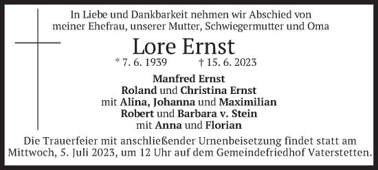 Traueranzeige von Lore Ernst von merkurtz