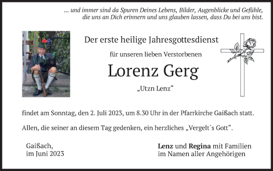 Traueranzeige von Lorenz Gerg von merkurtz