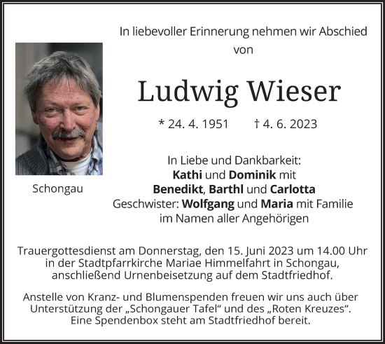 Traueranzeige von Ludwig Wieser von merkurtz