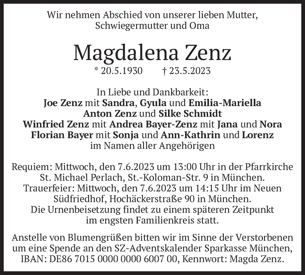  Traueranzeige für Magdalena Zenz vom 03.06.2023 aus merkurtz