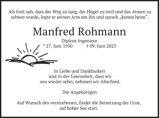 Traueranzeige von Manfred Rohmann von merkurtz