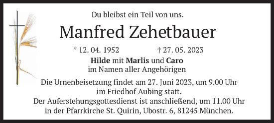 Traueranzeige von Manfred Zehetbauer von merkurtz