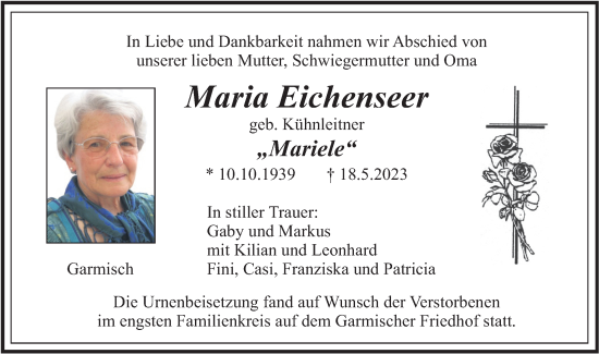 Traueranzeige von Maria Eichenseer von merkurtz