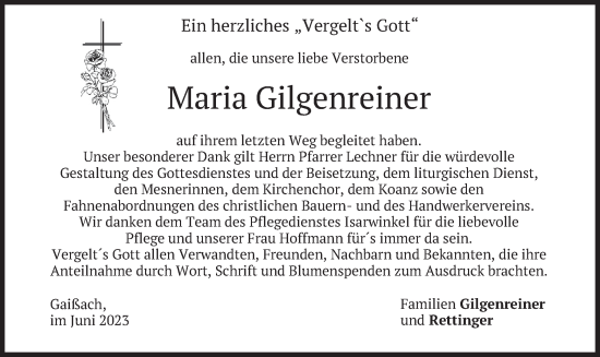 Traueranzeige von Maria Gilgenreiner von merkurtz