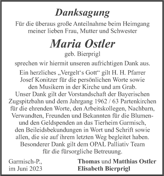 Traueranzeige von Maria Ostler von merkurtz