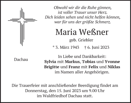 Traueranzeige von Maria Weßner von merkurtz