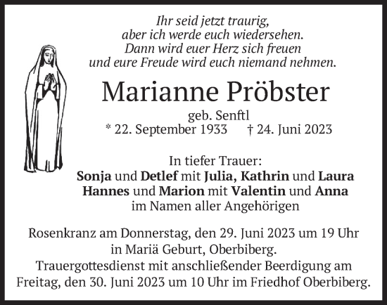 Traueranzeige von Marianne Pröbster von merkurtz