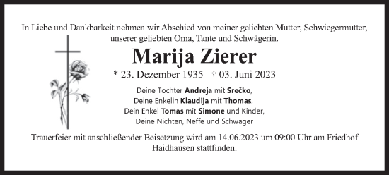 Traueranzeige von Marija Zierer von merkurtz