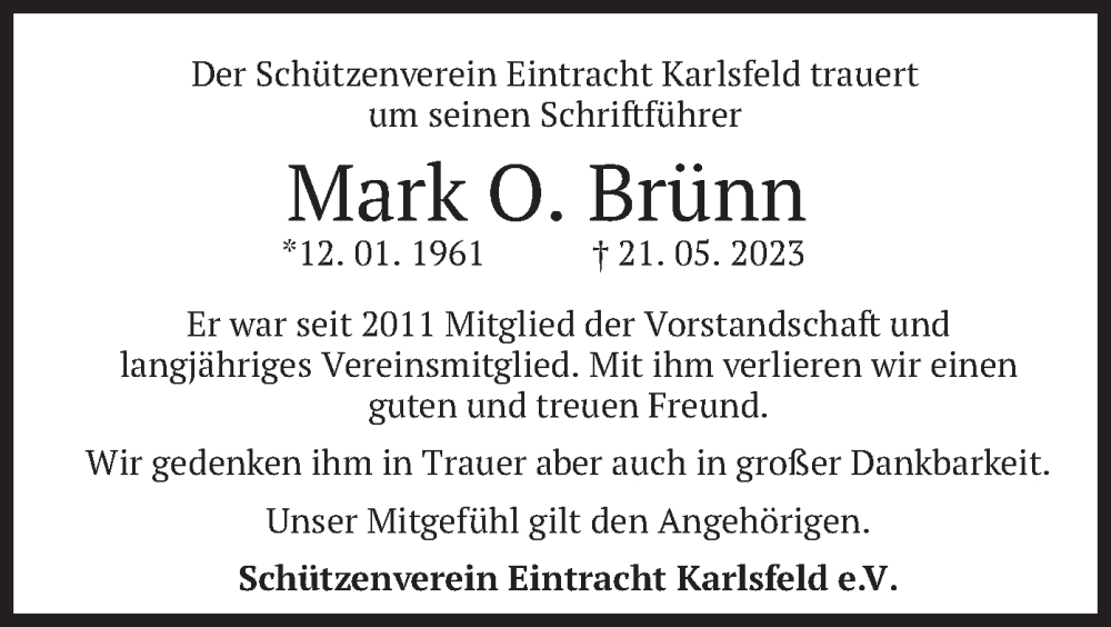  Traueranzeige für Mark O. Brünn vom 02.06.2023 aus merkurtz