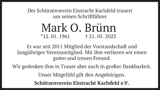 Traueranzeige von Mark O. Brünn von merkurtz