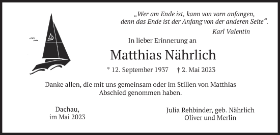 Traueranzeige von Matthias Nährlich von merkurtz
