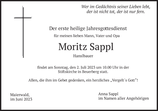 Traueranzeige von Moritz Sappl von merkurtz
