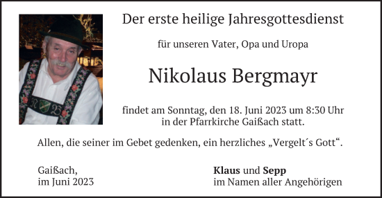 Traueranzeige von Nikolaus Bergmayr von merkurtz