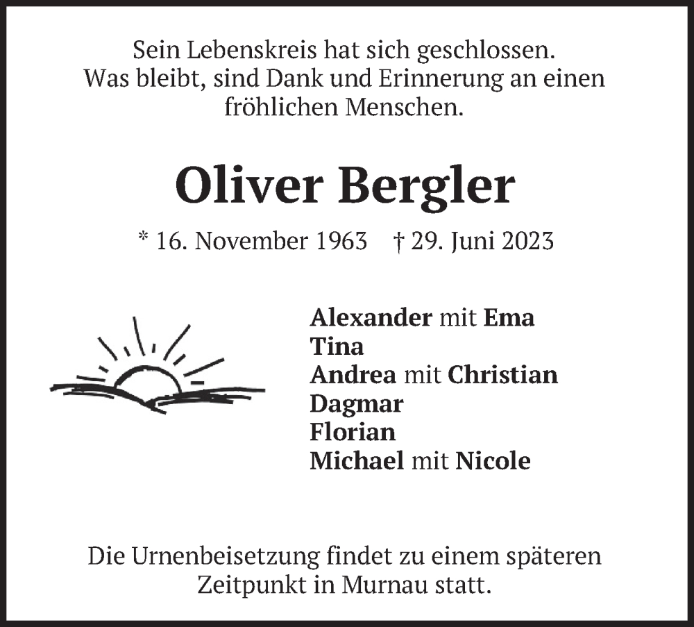  Traueranzeige für Oliver Bergler vom 01.07.2023 aus merkurtz