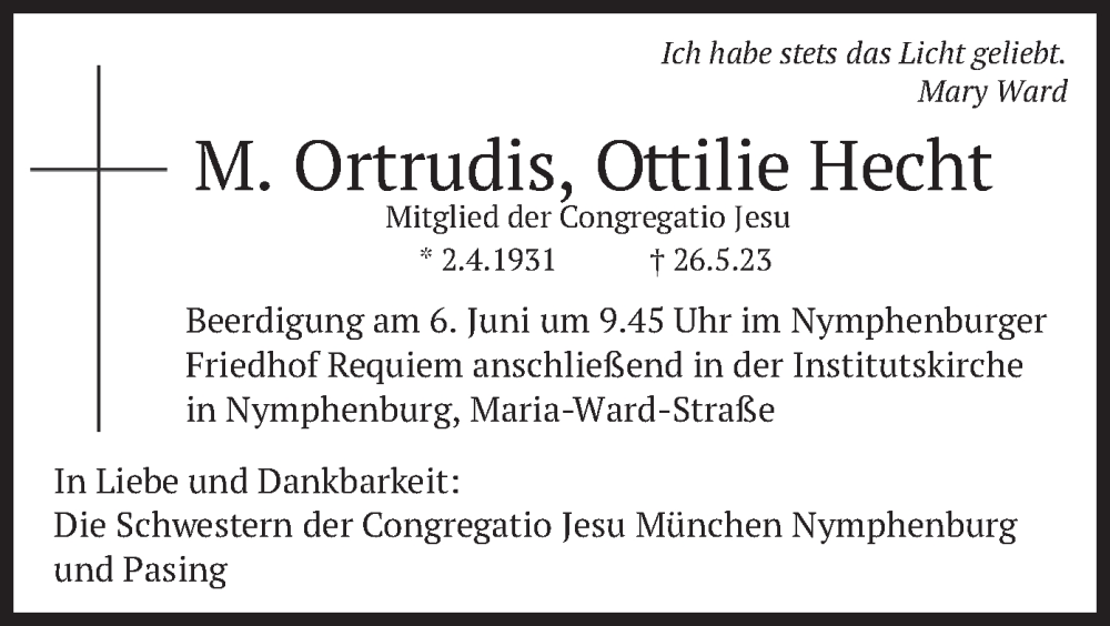  Traueranzeige für Ortrudis Ottilie Hecht vom 03.06.2023 aus merkurtz