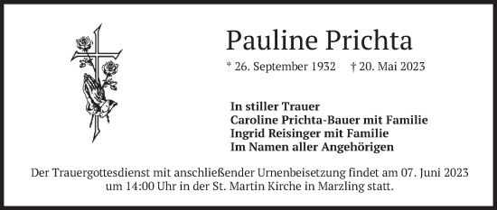 Traueranzeige von Pauline Prichta von merkurtz