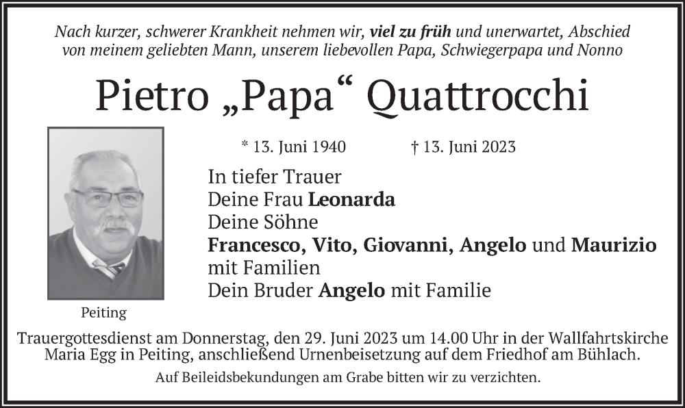  Traueranzeige für Pietro Quattrocchi vom 24.06.2023 aus merkurtz