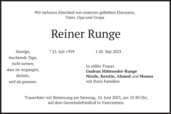 Traueranzeige von Reiner Runge von merkurtz
