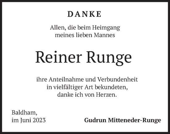 Traueranzeige von Reiner Runge von merkurtz