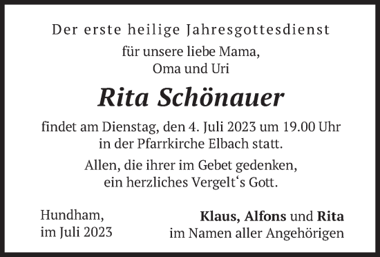 Traueranzeige von Rita Schönauer von merkurtz
