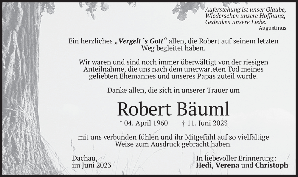  Traueranzeige für Robert Bäuml vom 01.07.2023 aus merkurtz