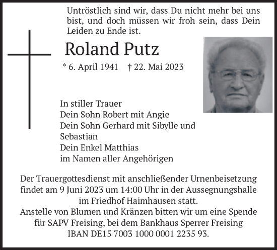 Traueranzeige von Roland Putz von merkurtz