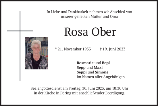 Traueranzeige von Rosa Ober von merkurtz