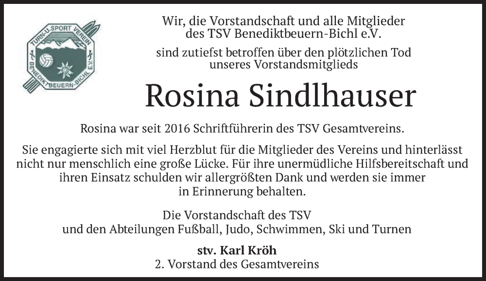  Traueranzeige für Rosina Sindlhauser vom 28.06.2023 aus merkurtz