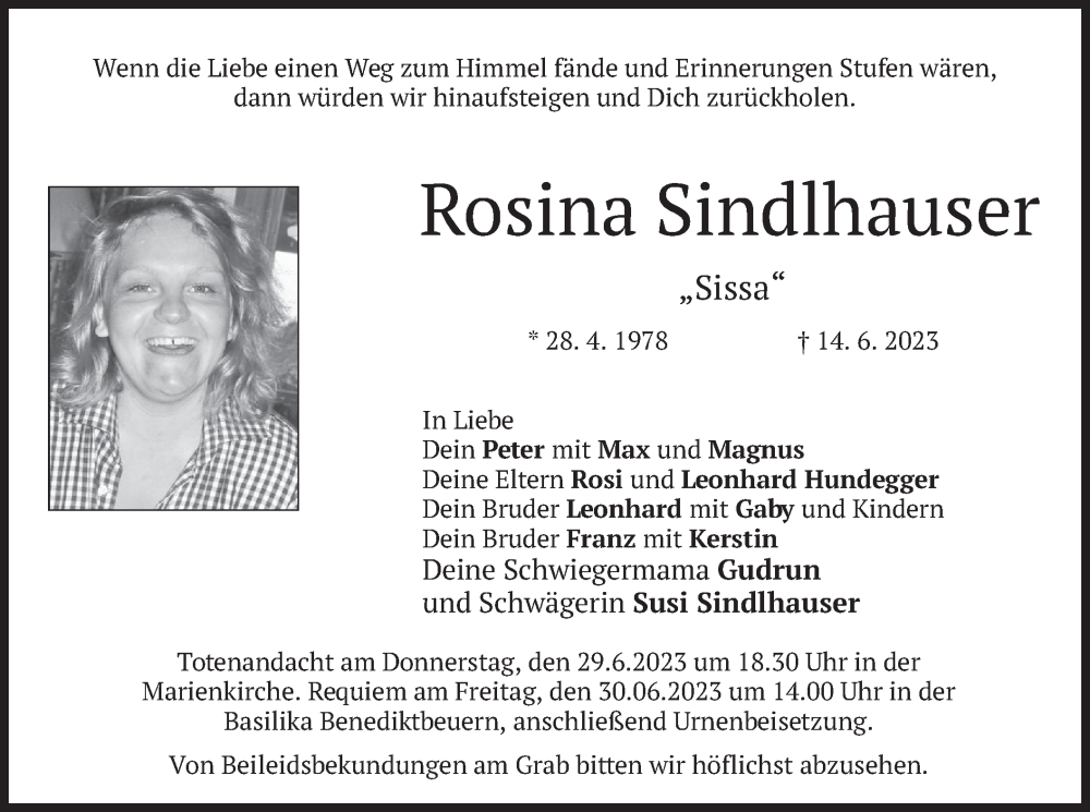  Traueranzeige für Rosina Sindlhauser vom 27.06.2023 aus merkurtz