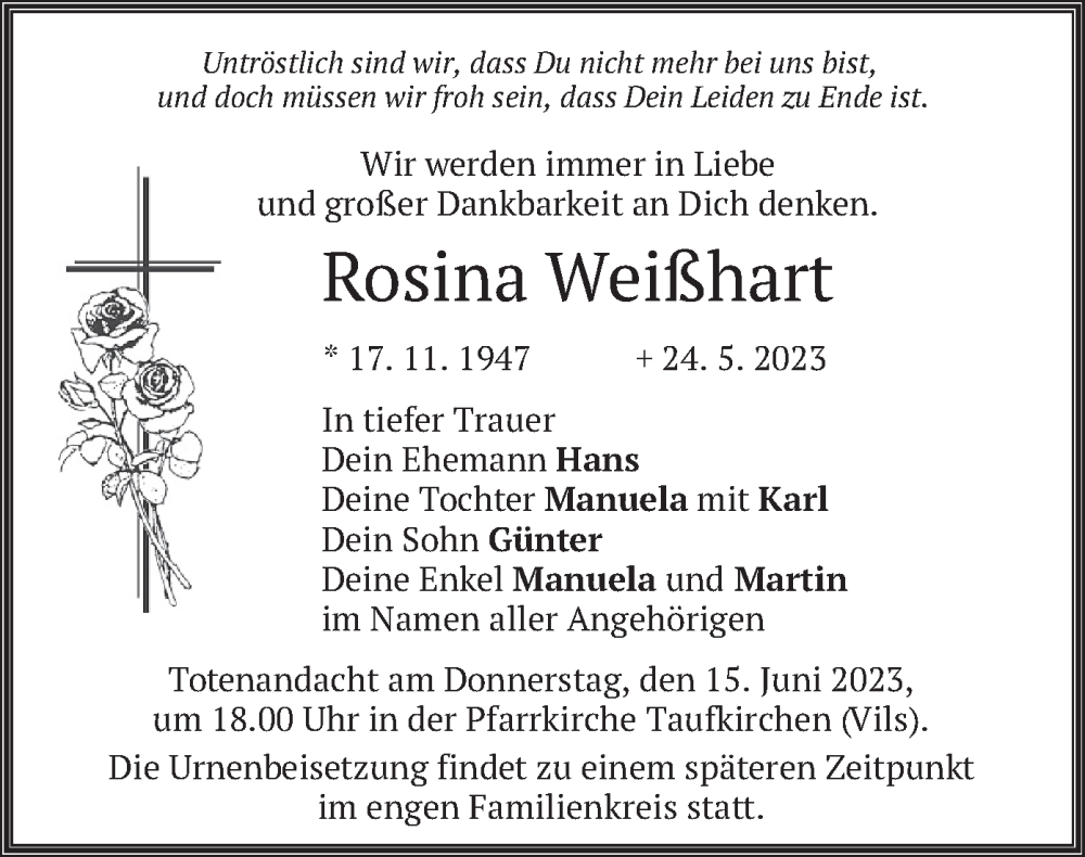  Traueranzeige für Rosina Weißhart vom 13.06.2023 aus merkurtz