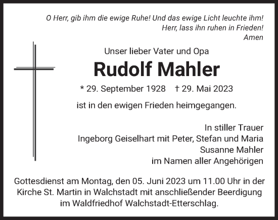 Traueranzeige von Rudolf Mahler von merkurtz