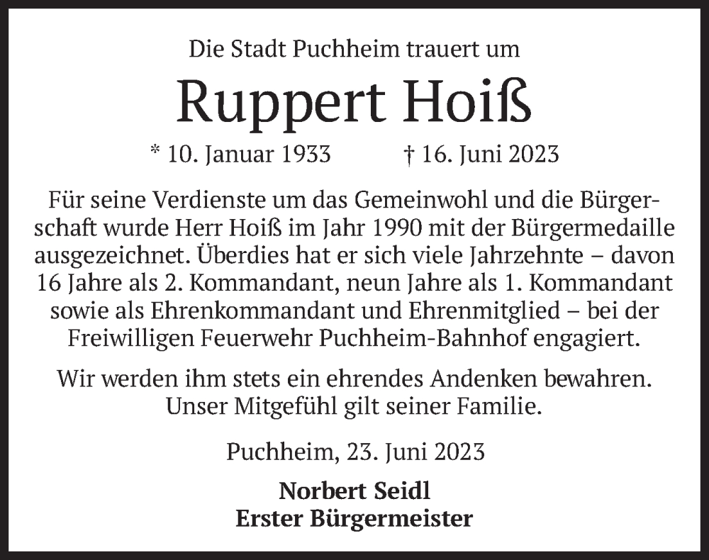  Traueranzeige für Ruppert Hoiß vom 23.06.2023 aus merkurtz