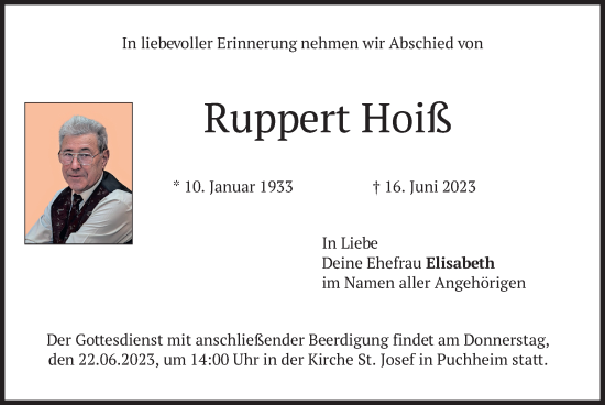 Traueranzeige von Ruppert Hoiß von merkurtz