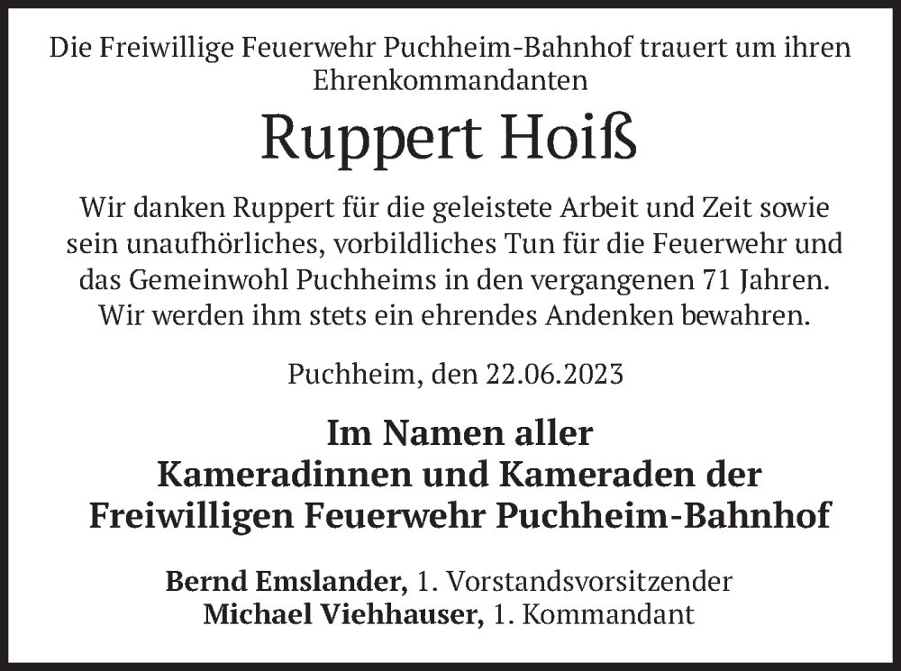  Traueranzeige für Ruppert Hoiß vom 23.06.2023 aus merkurtz