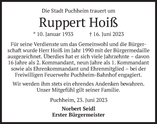 Traueranzeige von Ruppert Hoiß von merkurtz