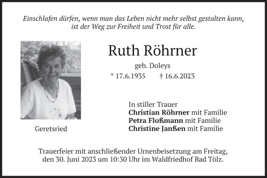 Traueranzeige von Ruth Röhrner von merkurtz