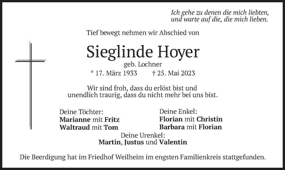 Traueranzeigen Von Sieglinde Hoyer | Trauer.merkur.de