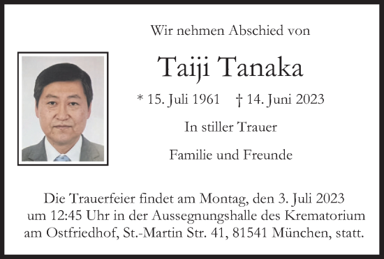 Traueranzeige von Taiji Tanaka von merkurtz