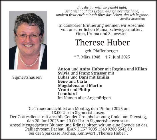 Traueranzeige von Therese Huber von merkurtz
